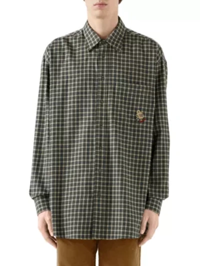 Shop Gucci Men's Check Cotton Wool Shirt With Patch In Green