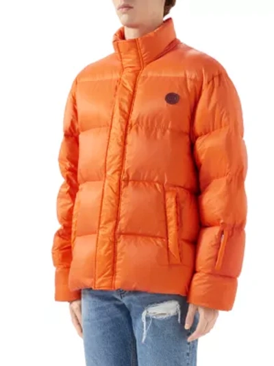 Shop Gucci Men's Think/thank Print Nylon Down Jacket In Tiger Mix Orange