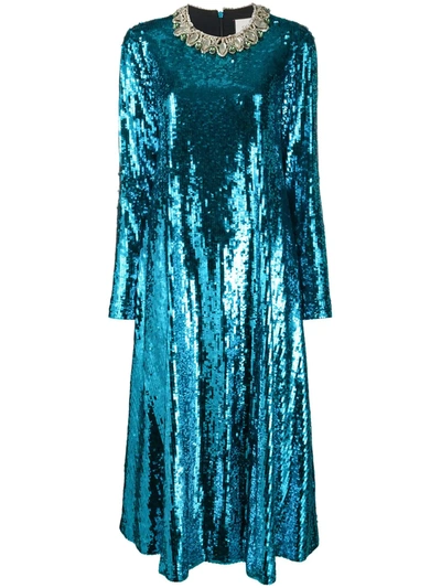 Shop Gucci Bead-embellished Sequin Shift Dress In Blue