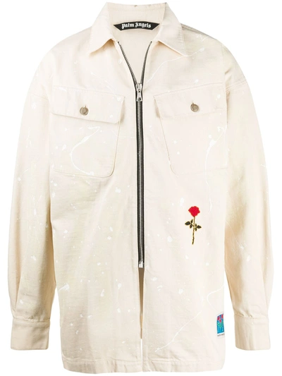 Shop Palm Angels Rose Patch Zip-up Denim Jacket In Neutrals