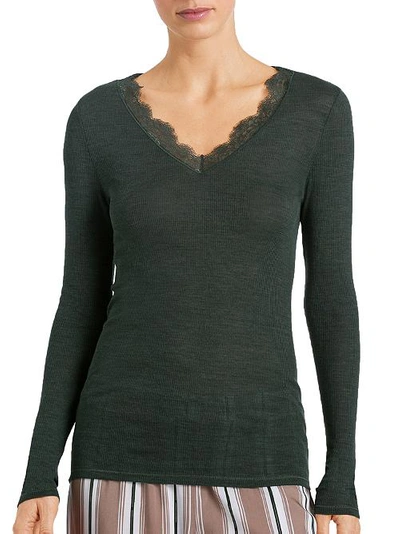 Shop Hanro Woolen Lace Knit Shirt In Green Marble