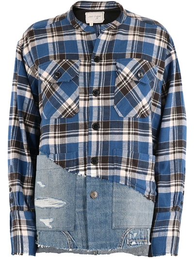 Shop Greg Lauren Check Shirt With Denim In Blue