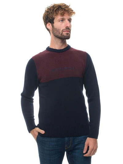 Shop Woolrich Supergeelong Block Crew Neck Round-necked Pullover Blu/bordeau Wool Man In Blue