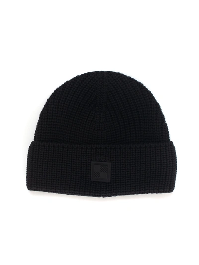 Shop Woolrich Logo Beanie Hat Rib Hat Black Virgin Wool Man