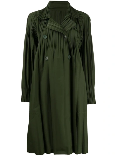 Shop Issey Miyake Pleated Double-breasted Coat In Green