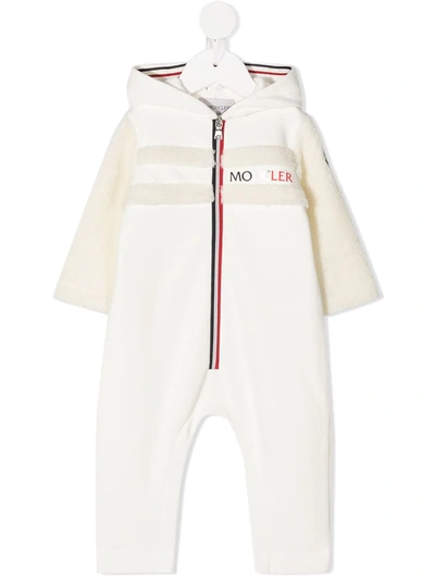 Shop Moncler Shearling-trimmed Hooded Romper In White
