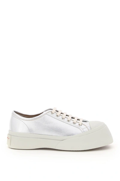 Shop Marni Pablo Laminated Leather Sneakers In Silver (silver)