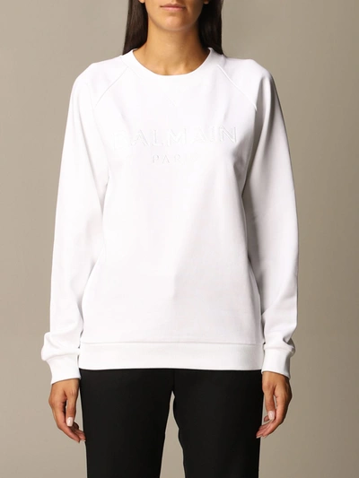 Shop Balmain Cotton Sweatshirt With Logo In White