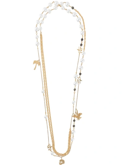 Shop Palm Angels Pearl-embellished Skull Pendant Necklace In Gold