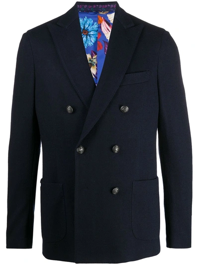 Shop Etro Double Breasted Herringbone Blazer In Blue