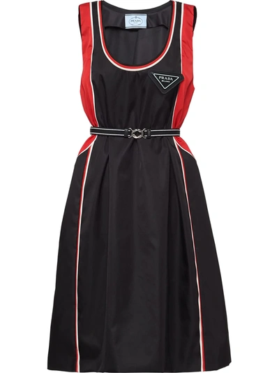 Shop Prada Logo Plaque Belted Flared Dress In Black