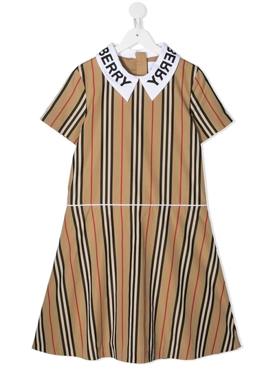 Shop Burberry Teen Icon Stripe Cotton Dress In Neutrals