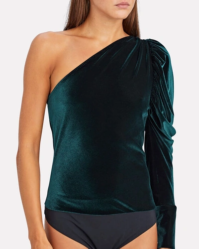 Shop Alix Nyc Dakota One-shoulder Velvet Bodysuit In Blue-drk