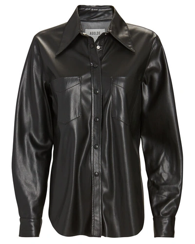 Shop Agolde Paloma Vegan Leather Button-down Shirt In Black