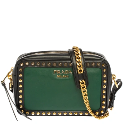 Pre-owned Prada Green/black Leather Studded Camera Crossbody Bag