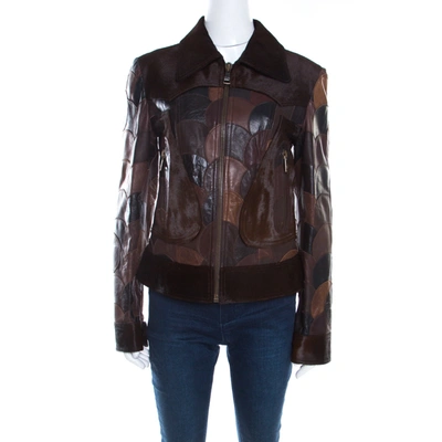 Pre-owned Dolce & Gabbana Brown Calfskin Circular Patchwork Leather Zip Front Jacket M