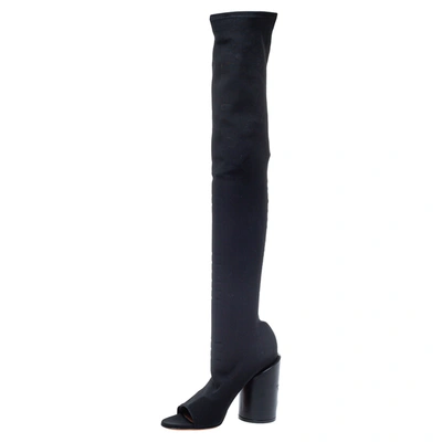 Pre-owned Givenchy Black Stretch Fabric Edgy Over The Knee Open Toe Boots Size 38.5