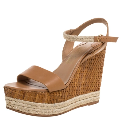 Pre-owned Ferragamo Brown Leather, Jute And Raffia 'marlene' Platform Wedge Sandals Size 39