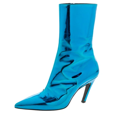Pre-owned Balenciaga Metallic Blue Leather Slash Heel Ankle Boots Size 35