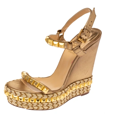 Pre-owned Christian Louboutin Metallic Gold Studded Leather Cataclou Espadrille Wedge Platform Sandals Size 39