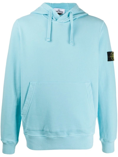 Shop Stone Island Garment-dyed Logo Sleeve Hoodie In Blue