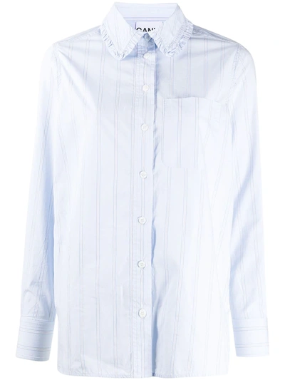 Shop Ganni Frilled Collar Pinstriped Shirt In Blue