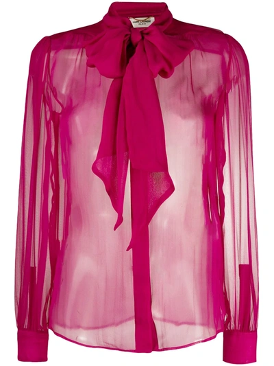 Shop Saint Laurent Pussy Bow Sheer Blouse In Pink