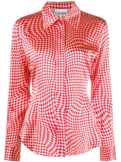 Shop Ganni Houndstooth Long-sleeve Shirt In Red