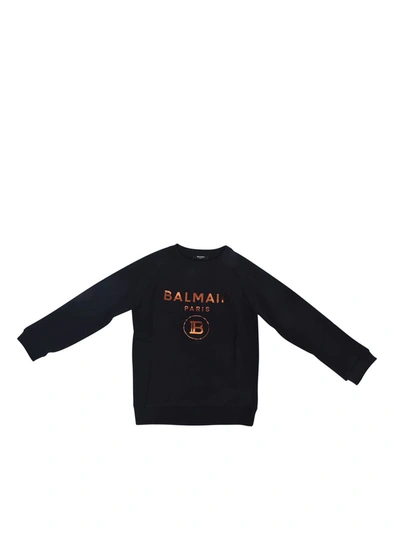Shop Balmain Sweatshirt In Black With Orange Logo