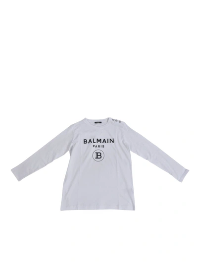 Shop Balmain Long Sleeves T-shirt In White With Black Logo