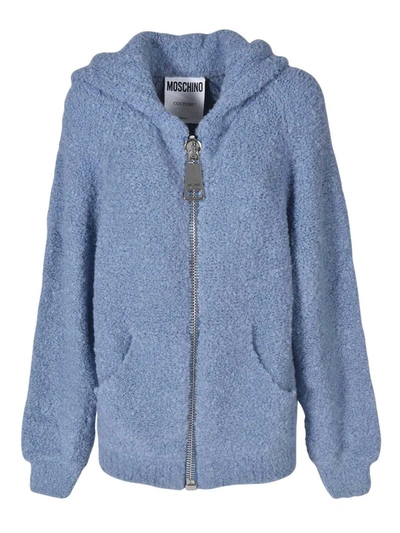 Shop Moschino Macro Zip Cardigan In Pale Blue Color In Light Blue