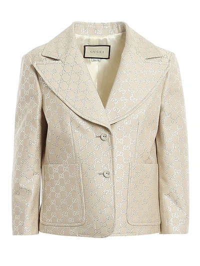 Shop Gucci Gg Lame Jacquard Wool Blend Blazer In Light Beige