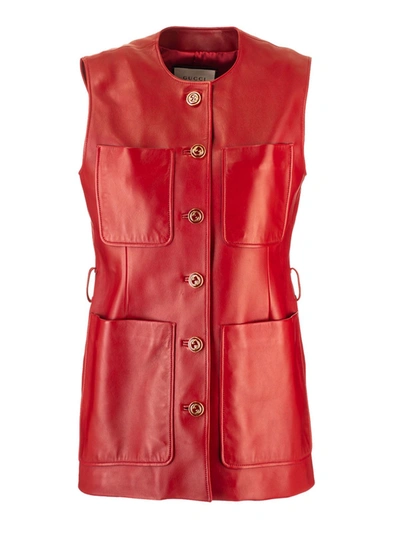 Shop Gucci Long Plonge Leather Waistcoat In Red