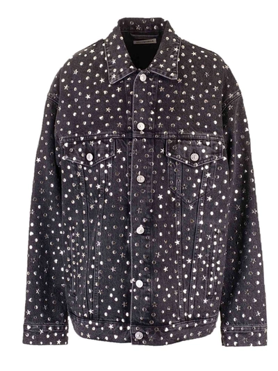 Shop Balenciaga Stonewash Black Denim Jacket With Studs