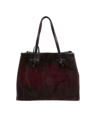 Shop Gianni Chiarini Calf Hair Shopping Bag In Burgundy And Black