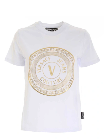 Shop Versace Jeans Couture V-emblem Laminated  Print T-shirt In White