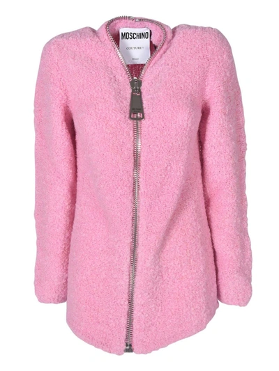 Shop Moschino Macro Zip Boucle Cardigan In Pink