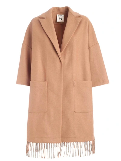 Shop Semicouture Sigmund Beige Coat Featuring Fringes In Brown