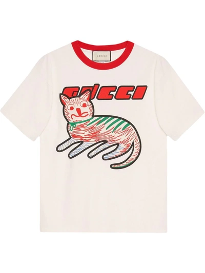 Shop Gucci Cat-print Organic-cotton T-shirt In White