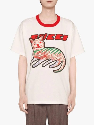 Shop Gucci Cat-print Organic-cotton T-shirt In White