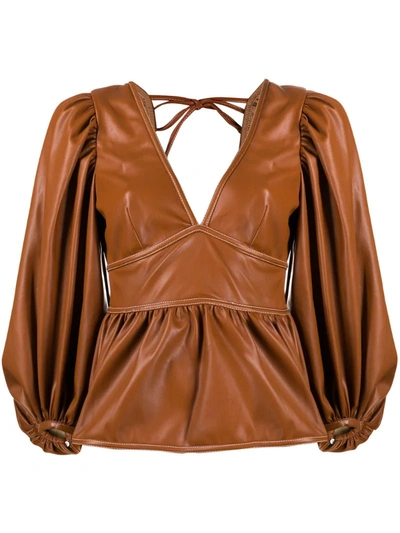 Shop Staud Leather-effect Puff Sleeves Top In Brown