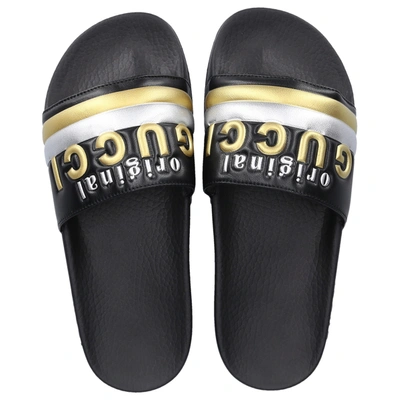 Shop Gucci Beach Sandals Dir00 Nappa Leather Logo Black Gold