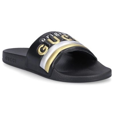 Shop Gucci Beach Sandals Dir00 Nappa Leather Logo Black Gold