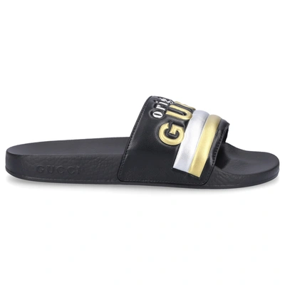 Shop Gucci Beach Sandals Dir00 Nappa Leather Logo Black Gold