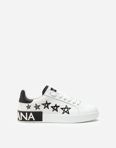 Shop Dolce & Gabbana Calfskin Nappa Portofino Sneakers With Lettering Print