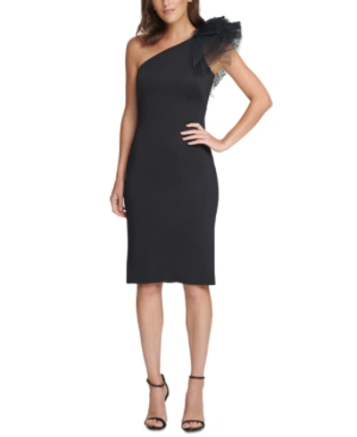 Shop Eliza J One-shoulder Tulle Sheath Dress In Black