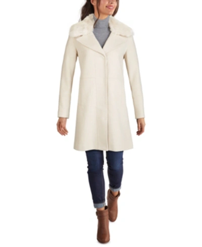 Shop Kenneth Cole Petite Faux-fur-collar Walker Coat, Created For Macy's In Oat/winter White