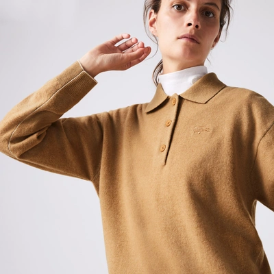 Shop Lacoste Women's Polo Collar Wool Sweater In Beige