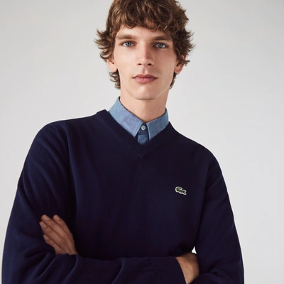 Shop Lacoste Men's V-neck Organic Cotton Sweater - S - 3 In Blue
