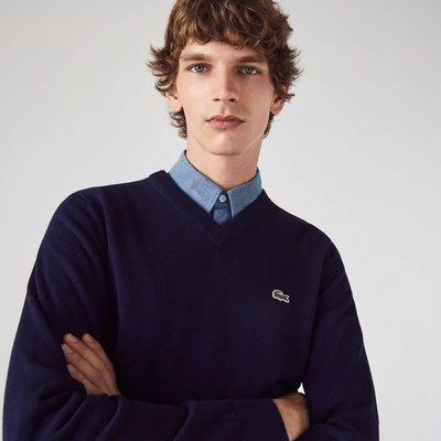 Lacoste Monochrome Cotton V Neck Sweater - M - 4 In Blue